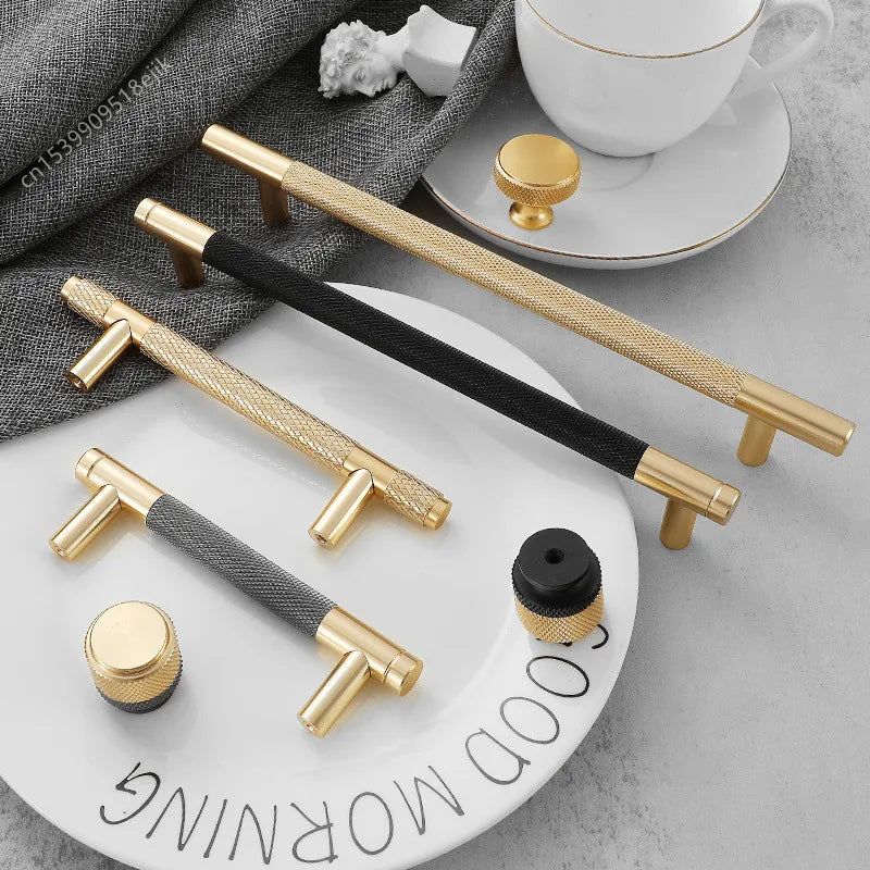 Nordic Light Luxury Gold Grey Black Handles for Cabinets and Drawers Long Knurling T-Bar Handles for Furniture Door Knob